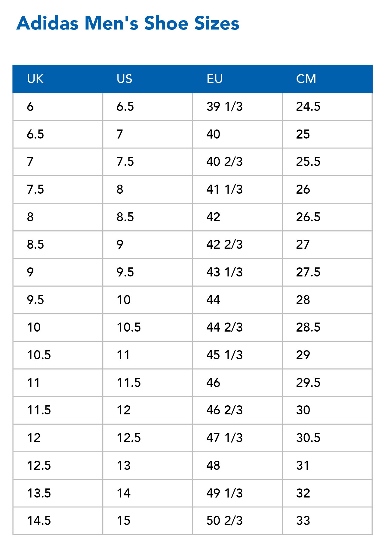 adidas running shoes chart