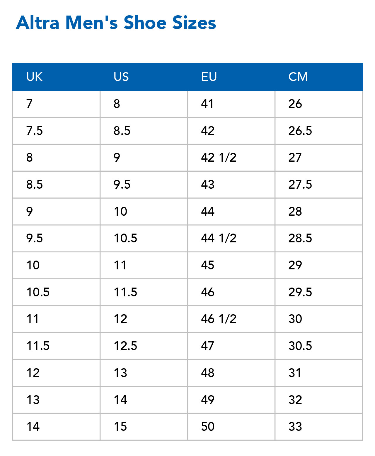 Altra Size Chart A Visual Reference of Charts Chart Master