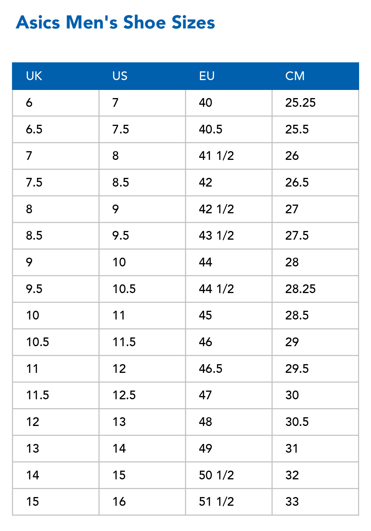 Asics mens shop shoes size chart