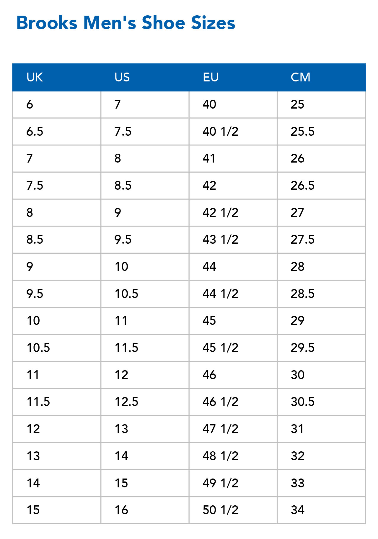 Brooks cheap width chart