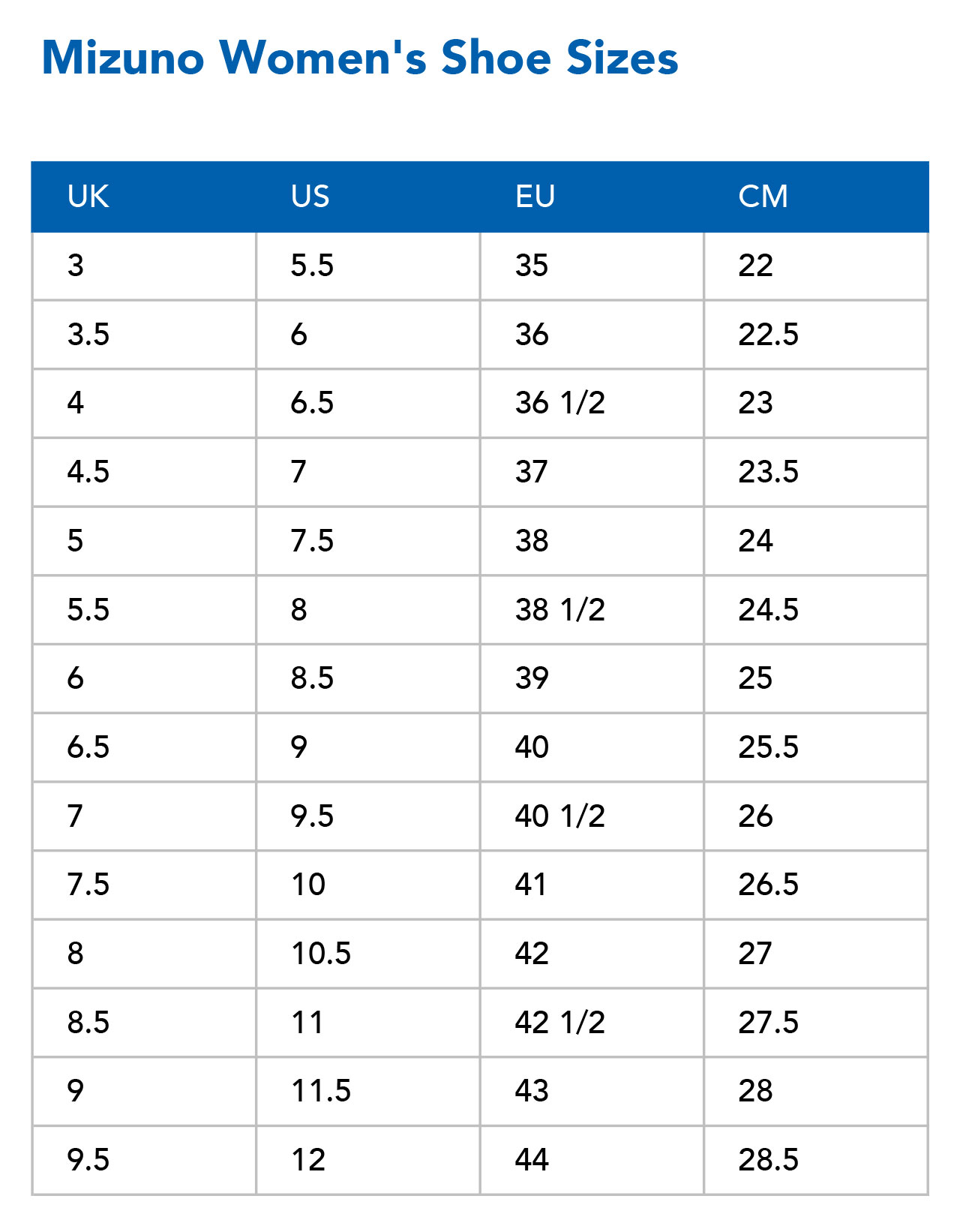 Mizuno women's deals shoe size chart