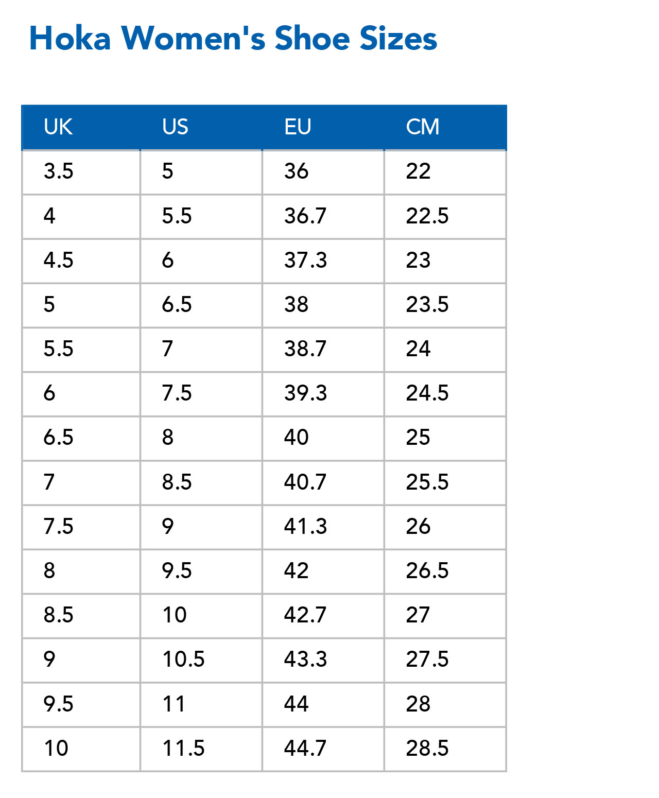 hoka bondi 7 size chart