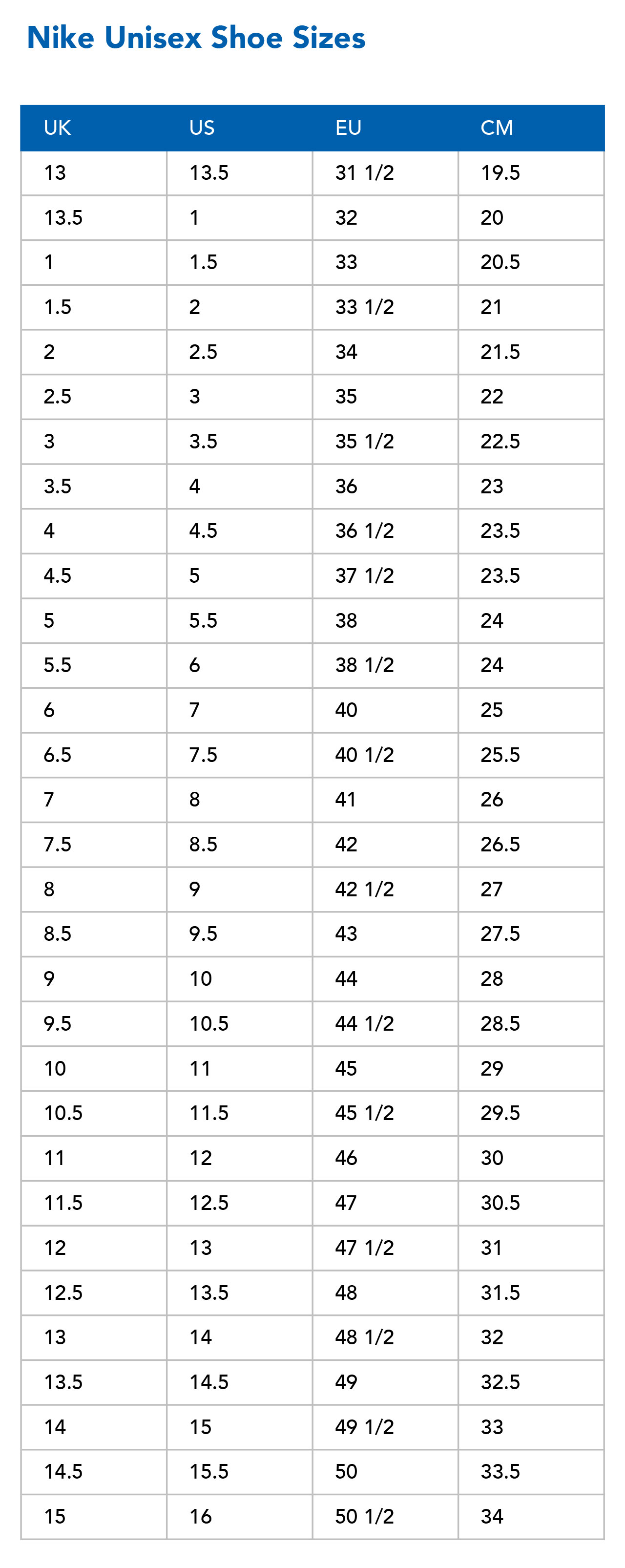 nike junior size chart