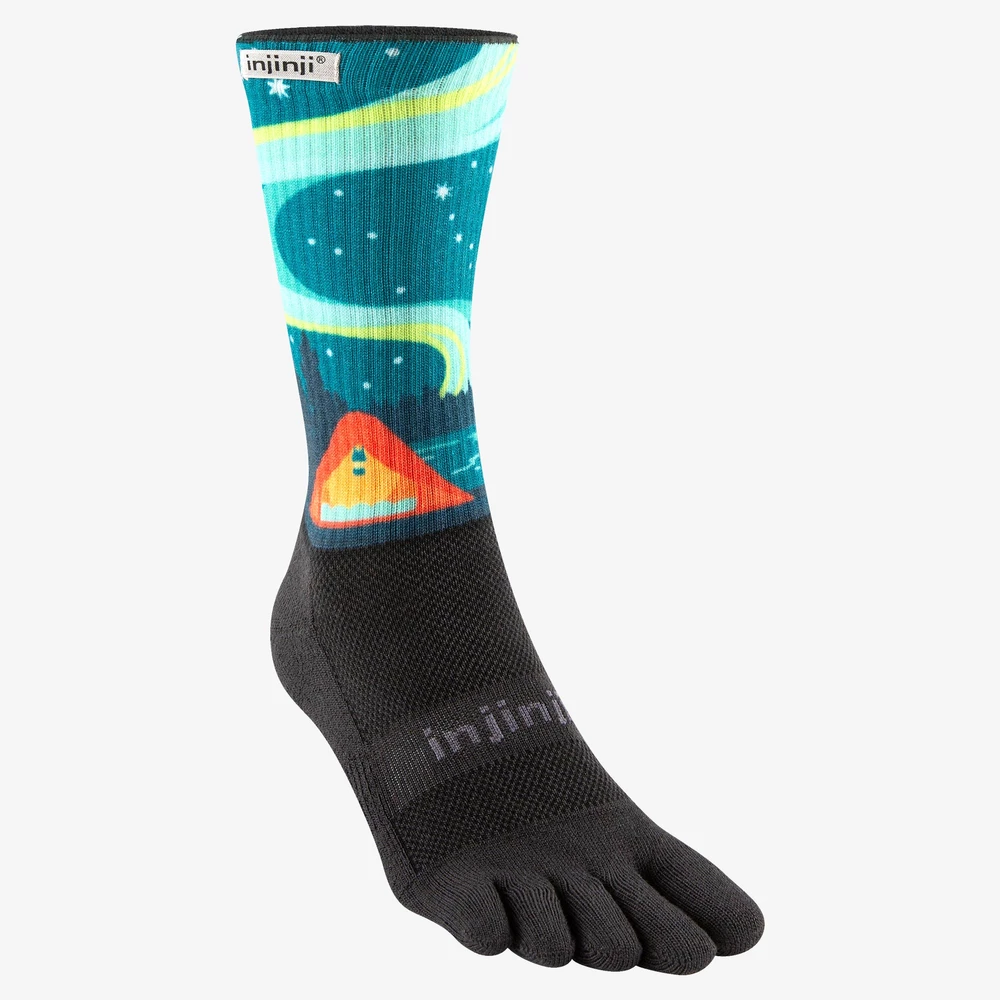 Injinji Trail Midweight Crew Toe Socks in Green/Black