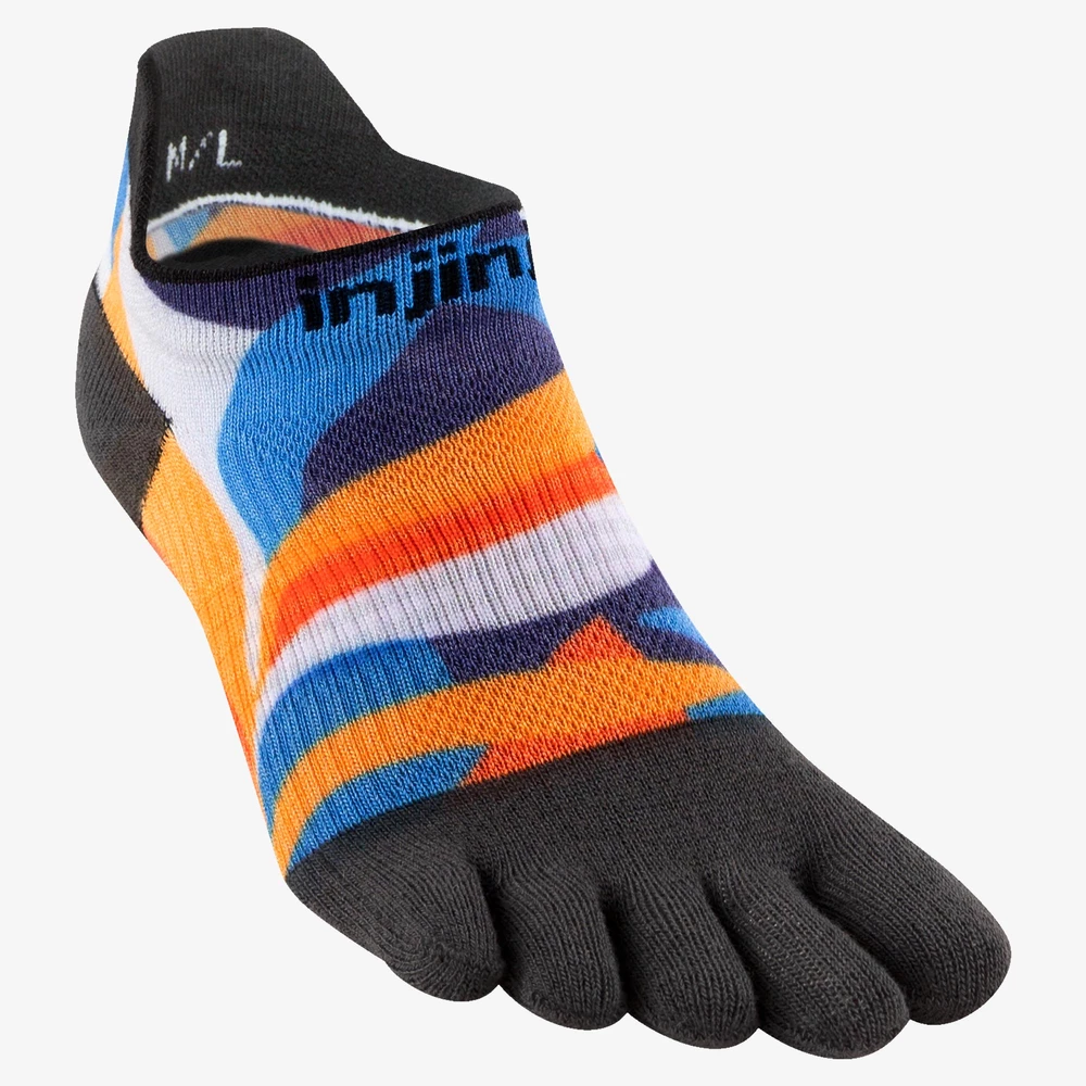 Injinji Run Lightweight No-Show Toe Socks in Black/Blue/Orange